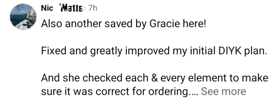 Testemonial for Independent Designer Gracie Davies who checked a DIY Kitchen for a client online